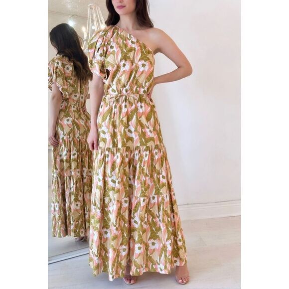 S/W/F ONE SHOULDER PUFF SLEEVE MAXI DRESS Vacation Beach Wedding size S NWT - Picture 1 of 6